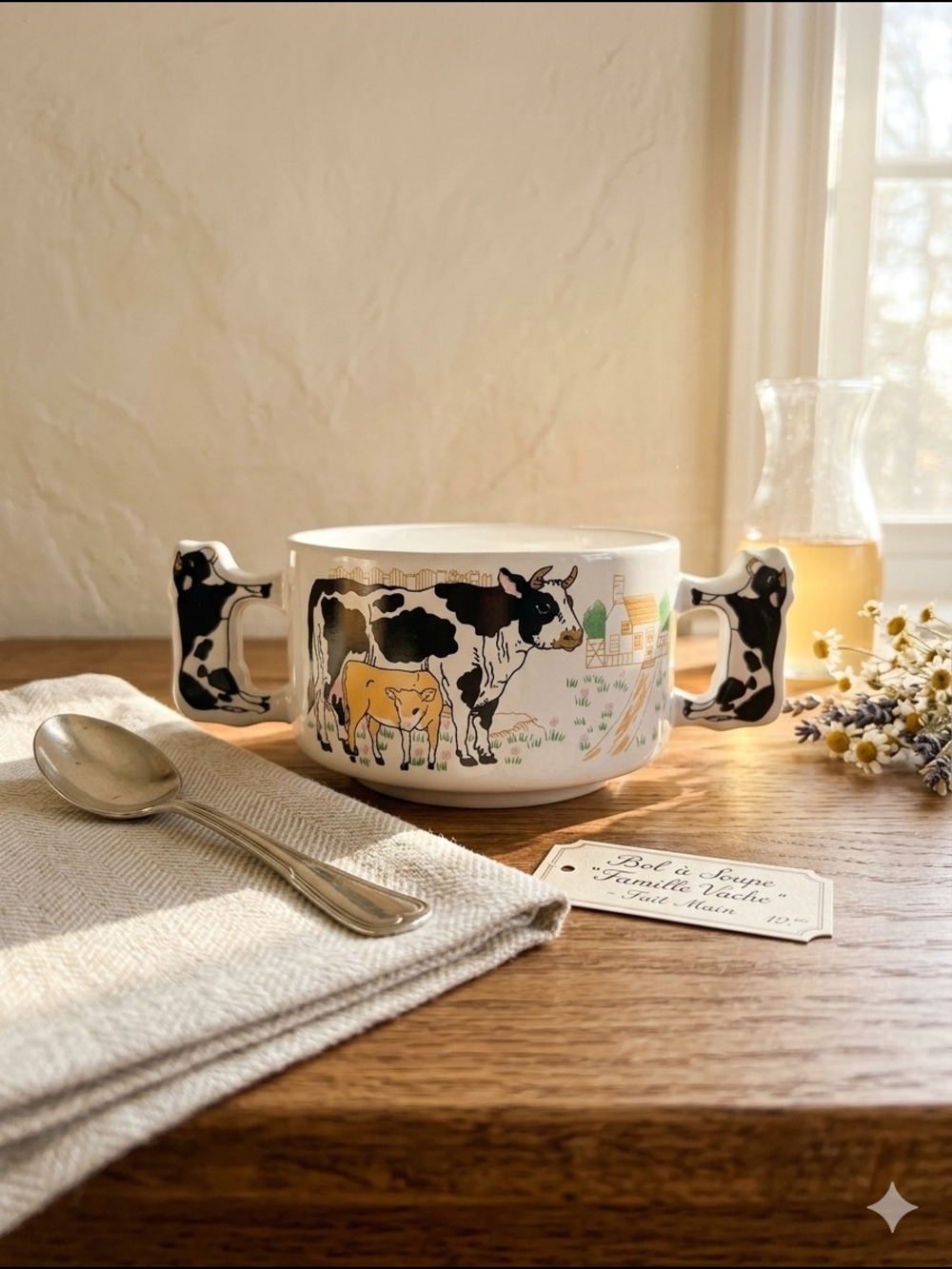 Vintage Holstein Cow Soup Bowl Double Handle | Farmhouse Country Ceramic Mug